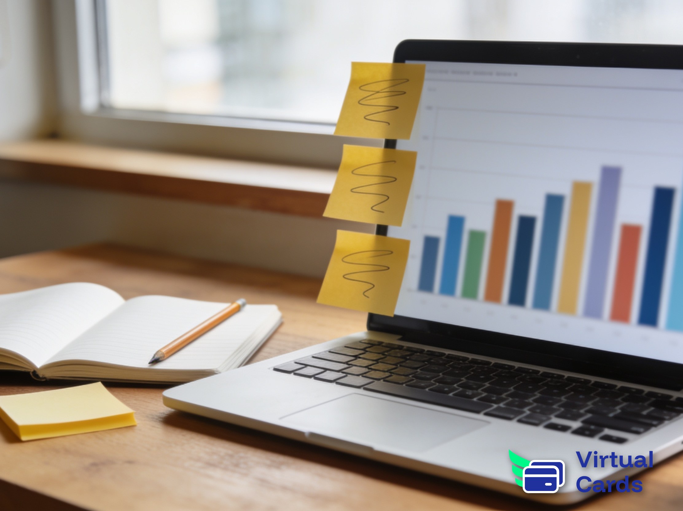 A desk scene with a laptop showing a multi-channel budget chart, a notebook, and sticky notes, representing planning an ad-spend card setup before launching a campaign.