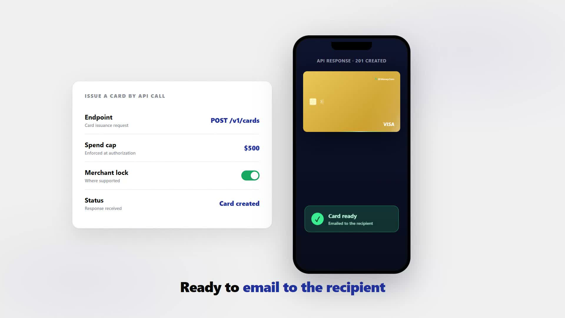 Developer dashboard showing a virtual card issued by API request, capped and locked.