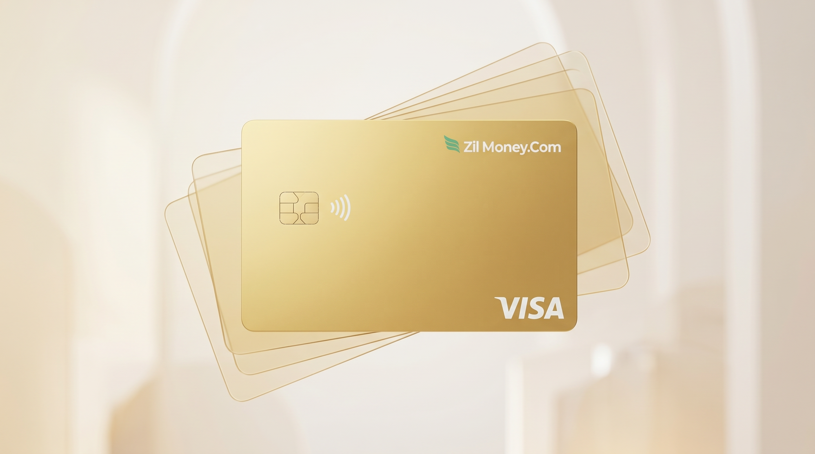 One gold Zil Money virtual Visa card with smaller cards fanned behind it, showing a separate card per purpose for a business.