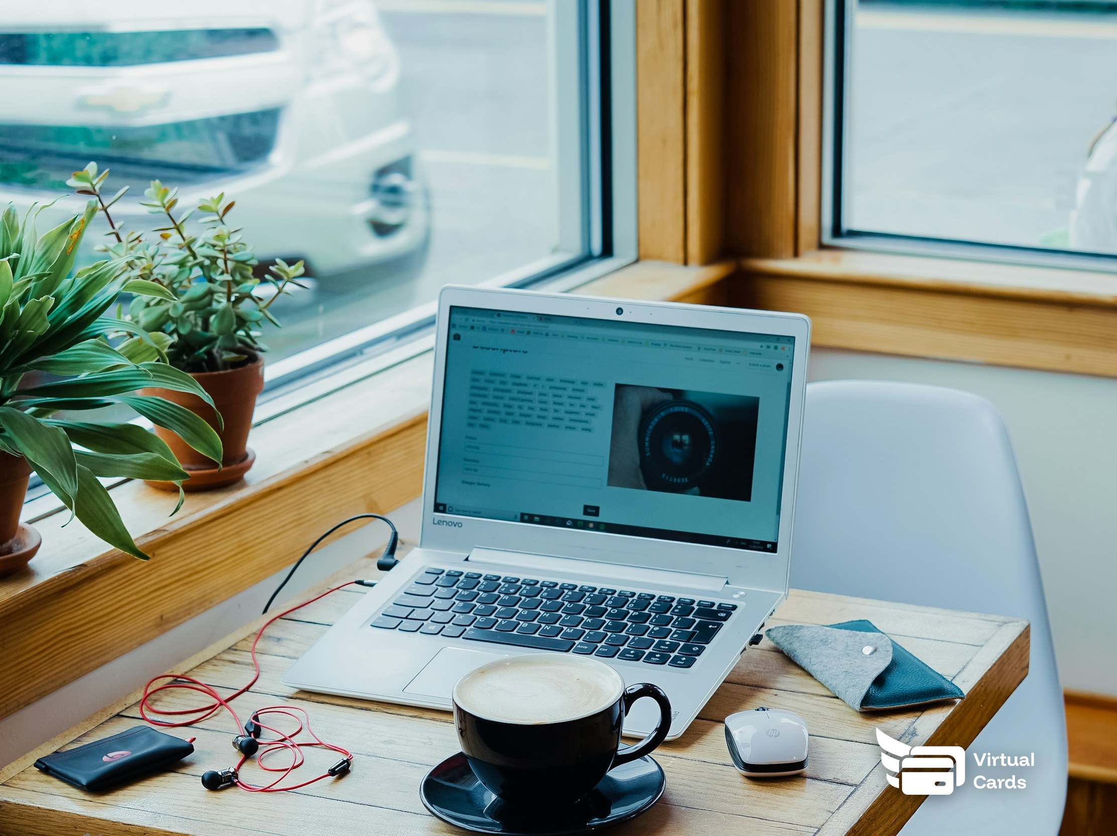 Freelancer's laptop and coffee on a desk, representing a clean setup for choosing a virtual card.