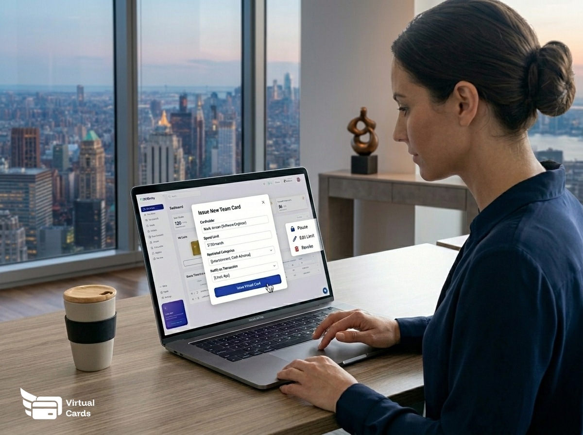 Finance manager reviewing business expense cards dashboard with per-card spend limits and merchant controls.