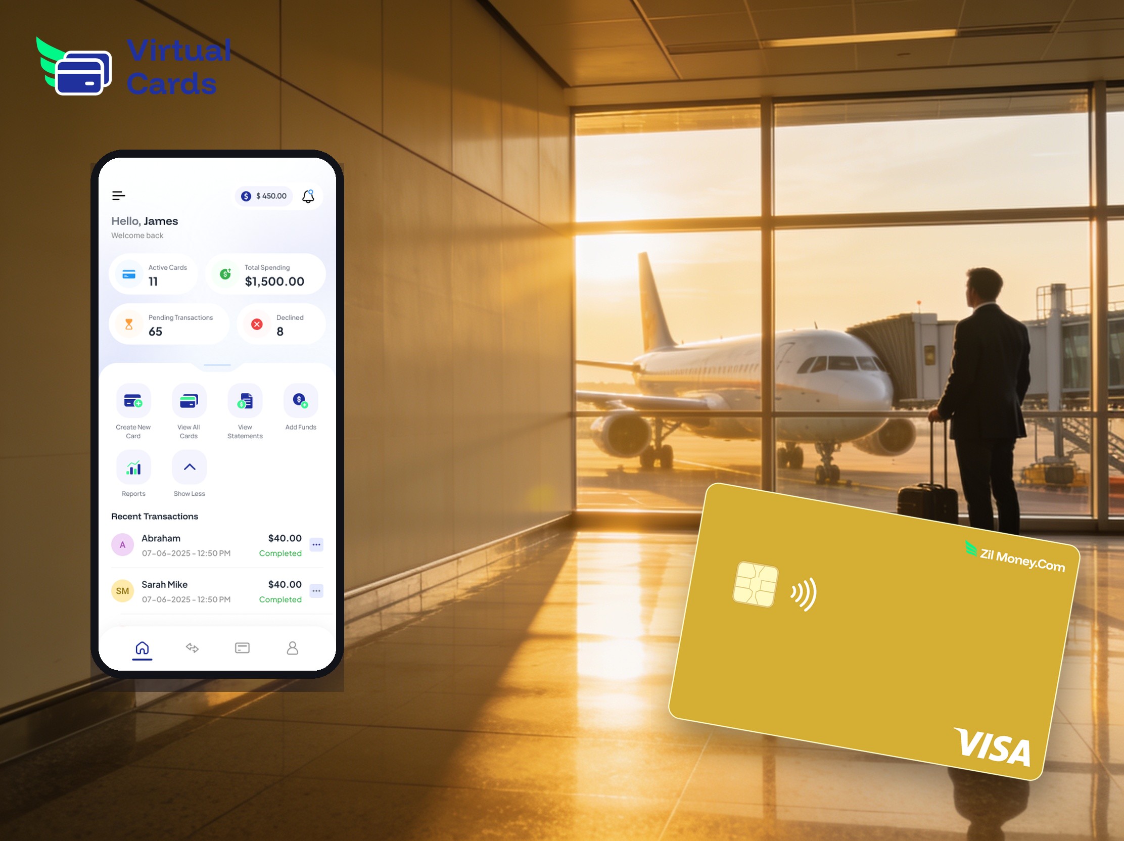 A passenger jet at the gate at sunset with ground crew, representing business travel on per-trip virtual Visa cards.