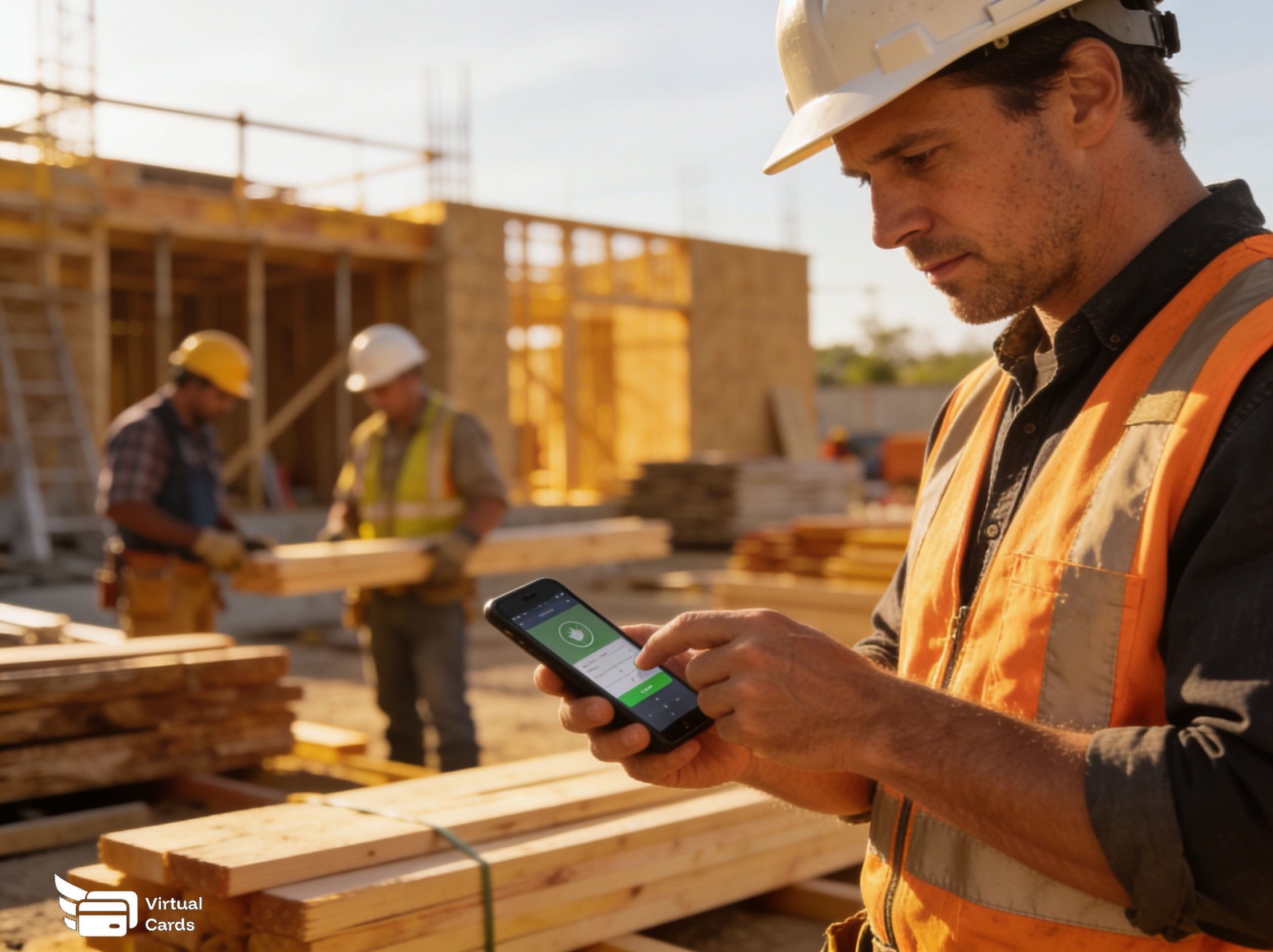 Construction supervisor checking a smartphone to approve a crew member's purchase at a job site material yard.