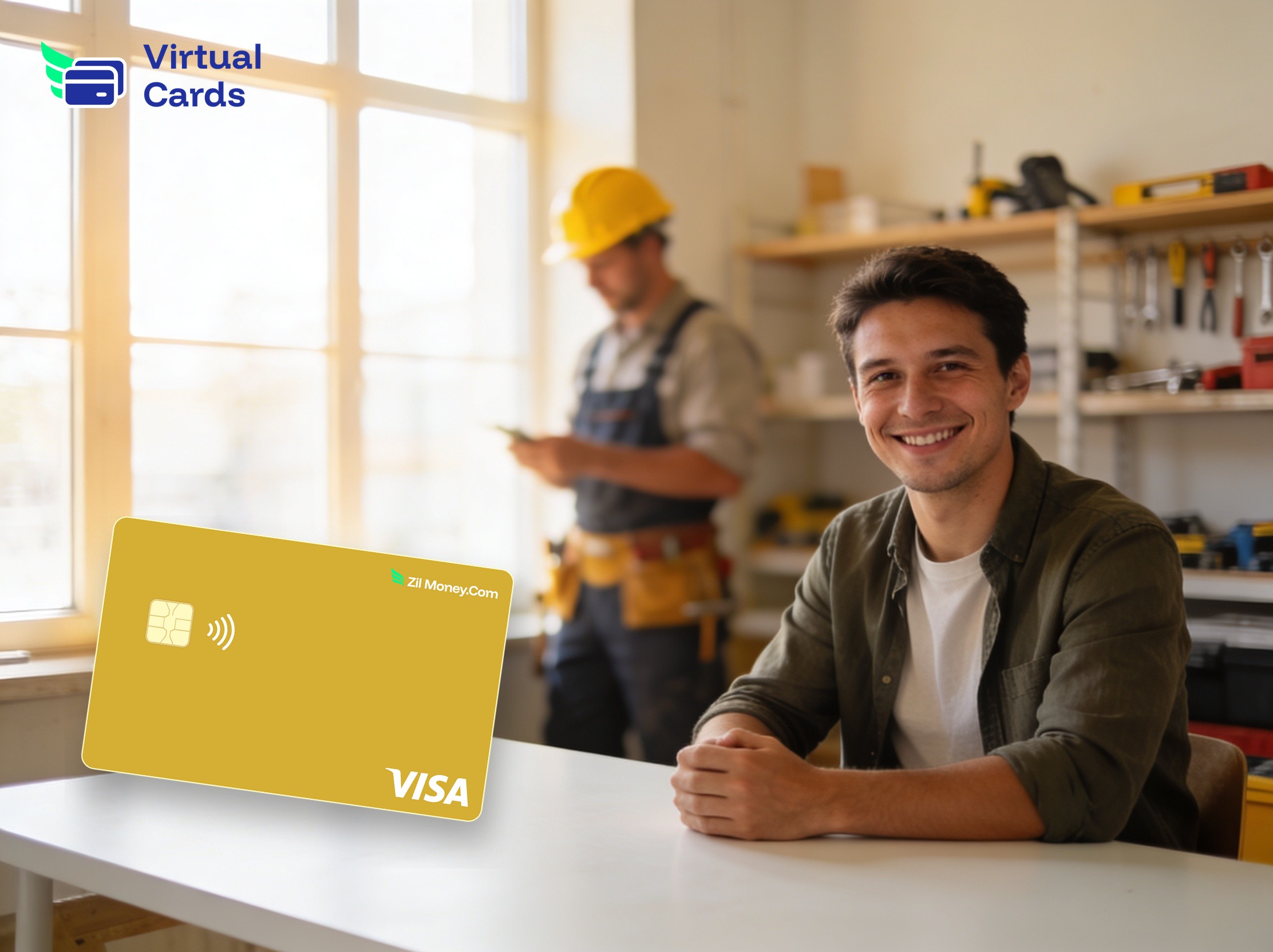 Two people shaking hands across an office desk, representing agreeing to pay a contractor with a virtual Visa card.