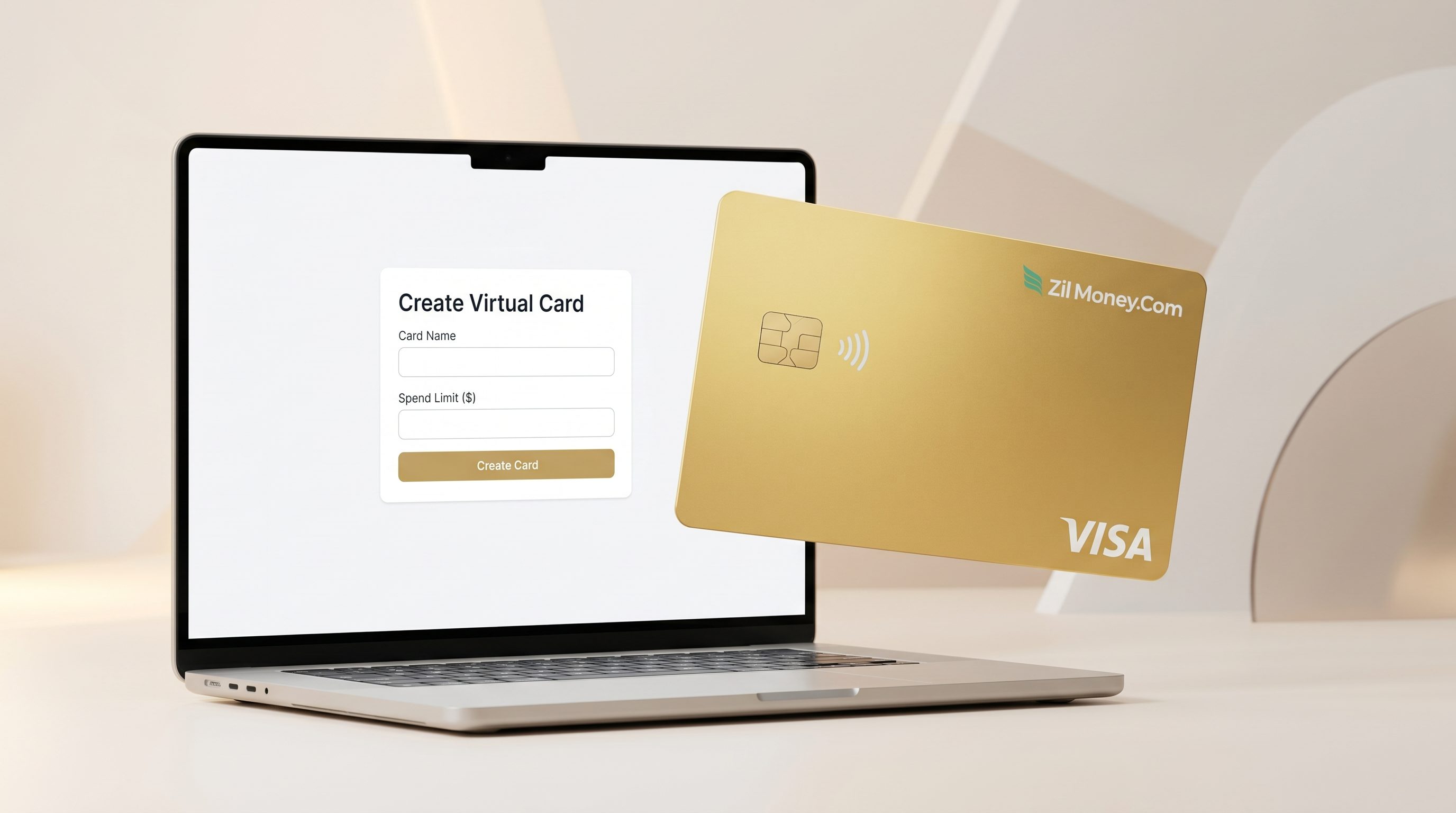 A laptop showing a Create Virtual Card form with a spend-limit field, next to a gold Zil Money virtual Visa card.