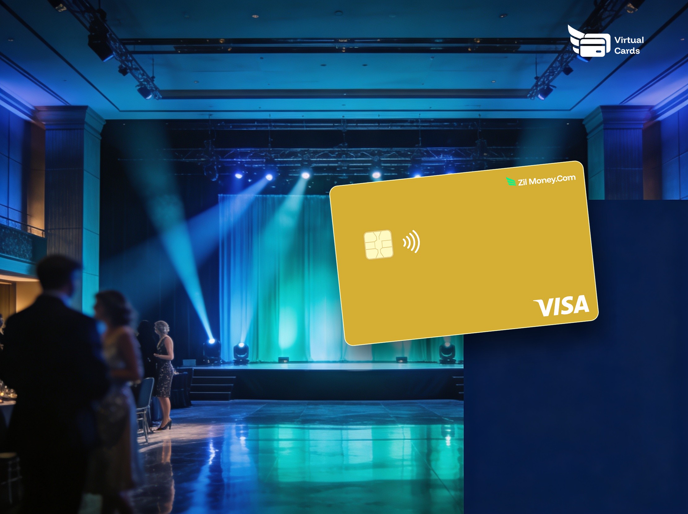 Rows of empty seats in a bright conference hall, representing event and conference spend managed on per-event virtual Visa cards.