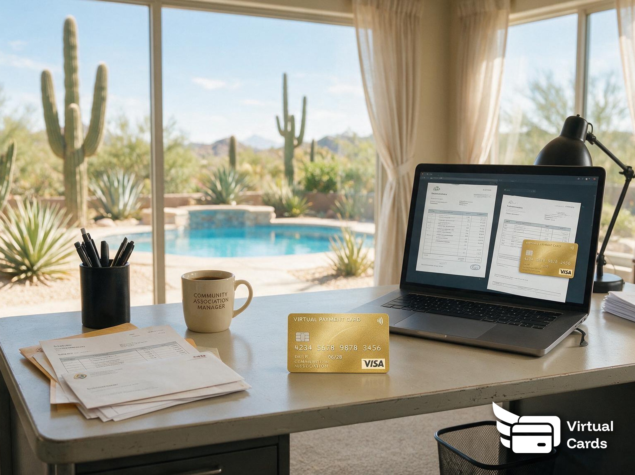 A Scottsdale desert home-office desk scene with a pool visible, representing an HOA management company using virtual cards to control vendor spend.