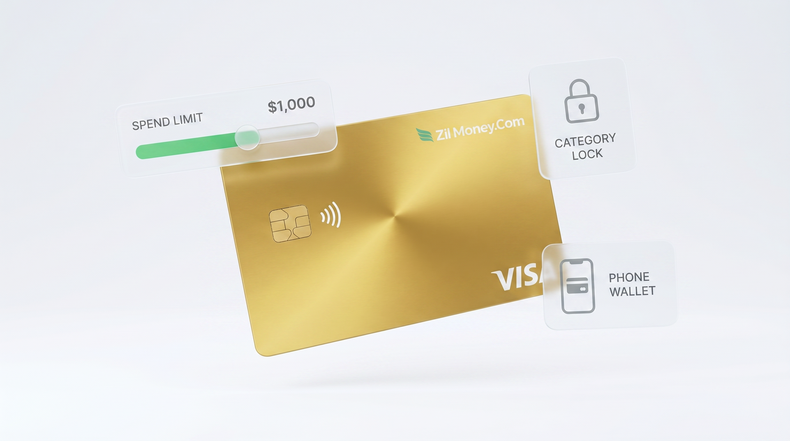 A gold Zil Money virtual Visa card with a spend-limit slider, a category lock, and a phone wallet, showing how a virtual card works.