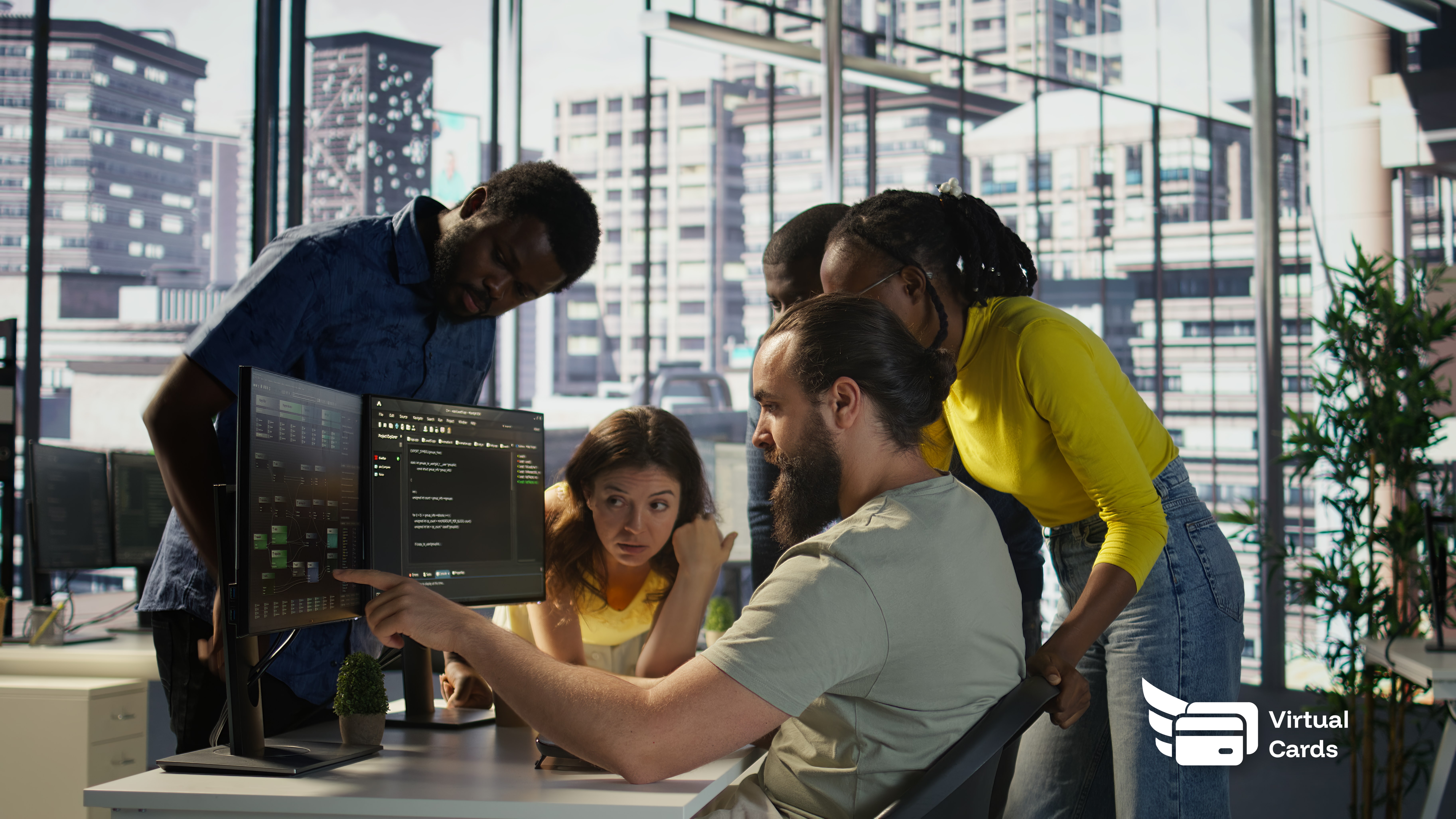 Software engineers reviewing cloud subscription cards on a Virtual Card Maker dashboard.
