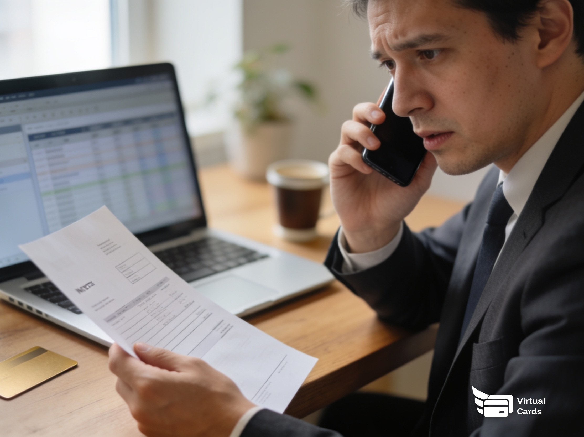 A finance professional cross-checking a new vendor's invoice by phone next to a laptop and a plain gold virtual card, representing vendor verification before a first payment.