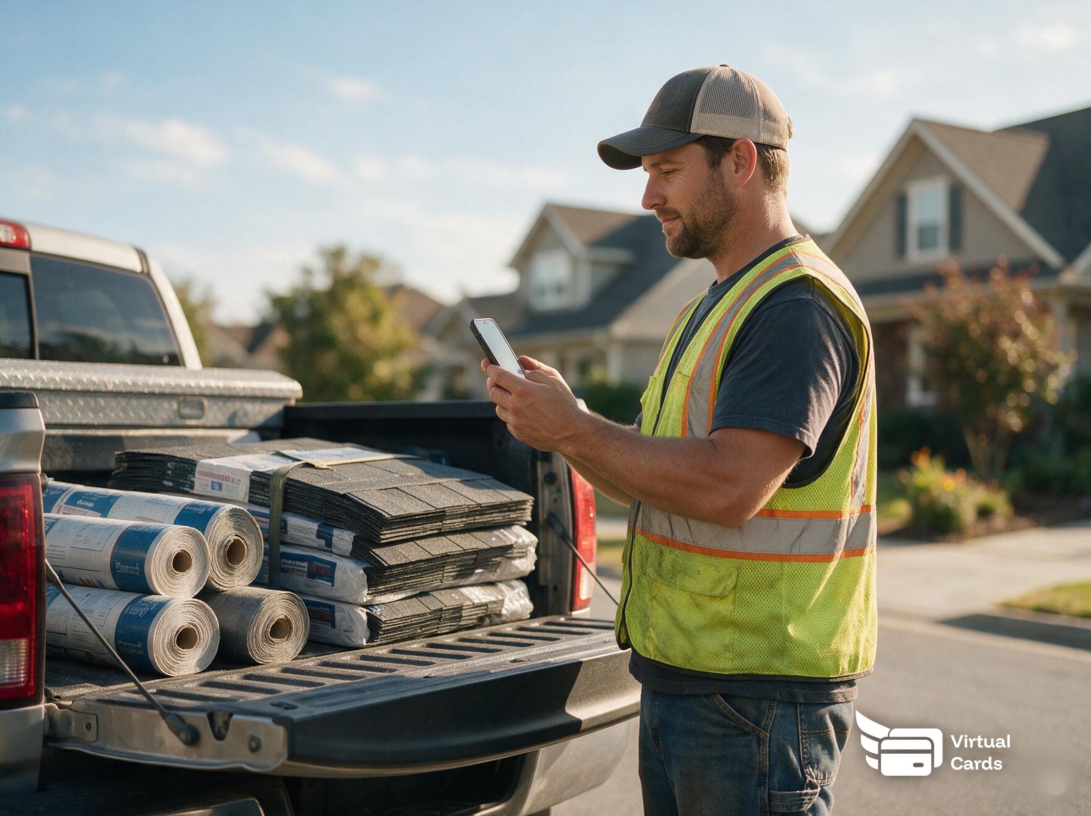 A Raleigh roofing crew lead using a gold virtual Visa card to pay for shingles and materials at a supply yard.
