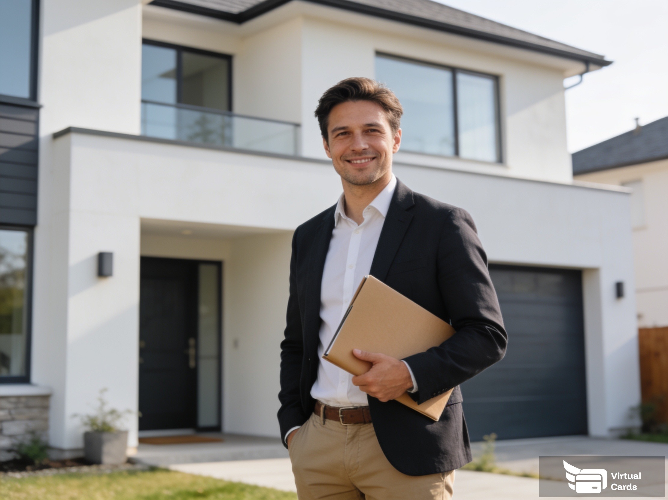 A real estate professional standing outside a modern property holding a virtual card, ready to pay approved contractors.