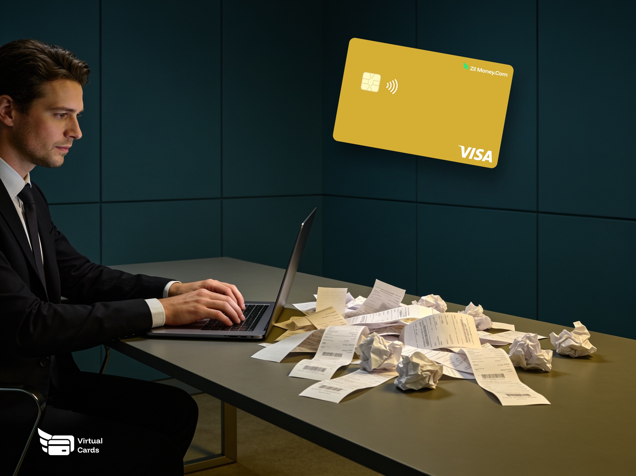 A businessman at a laptop with a desk full of scattered paper receipts and a gold Zil Money virtual Visa card, representing stopping the receipt chase with virtual cards.