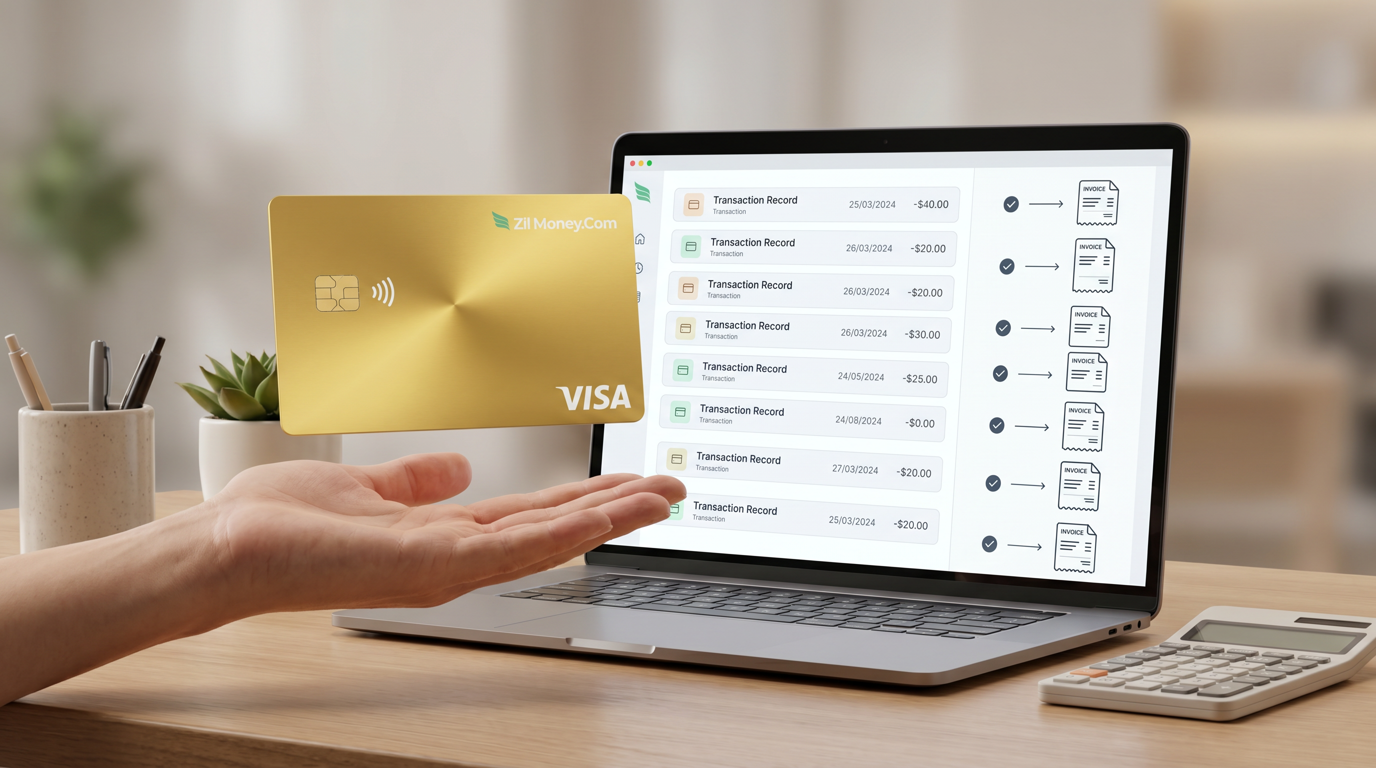 A gold Zil Money virtual Visa card next to a laptop showing card transactions matched one to one with invoices.