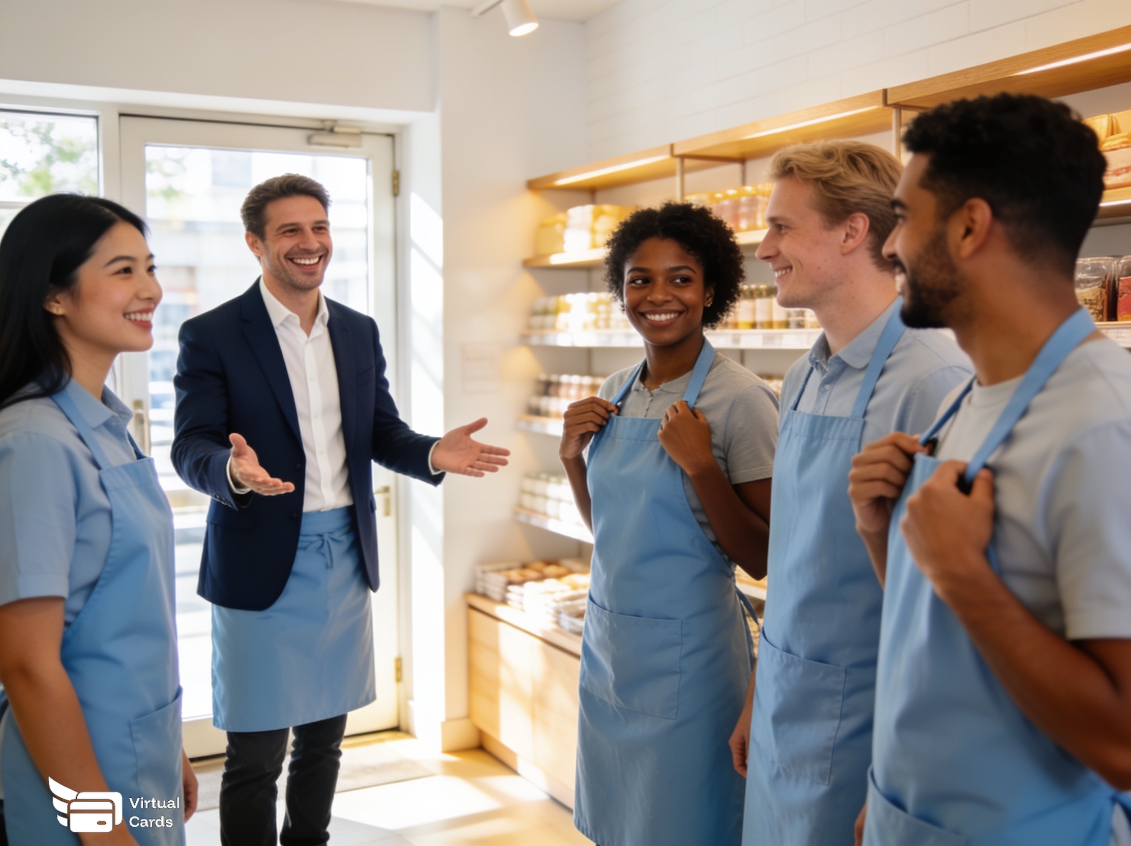 Small business owner welcoming seasonal staff, handing onboarding materials to a smiling employee in a store uniform.
