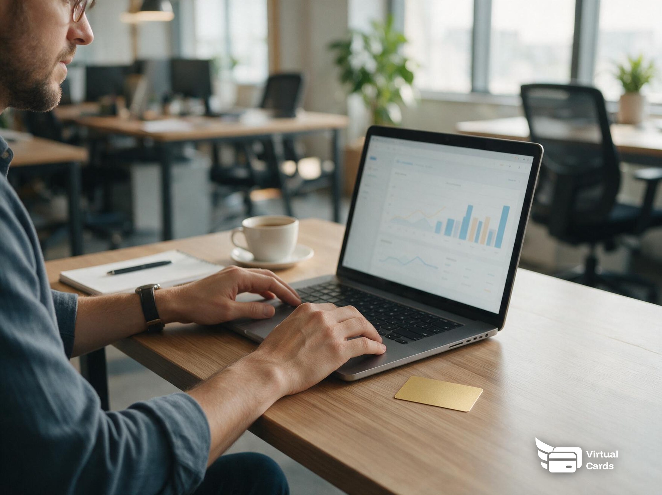 A media buyer at a marketing agency reviewing a campaign dashboard on a laptop next to a blank gold virtual card, representing a single-use account card issued for one-off client spend.