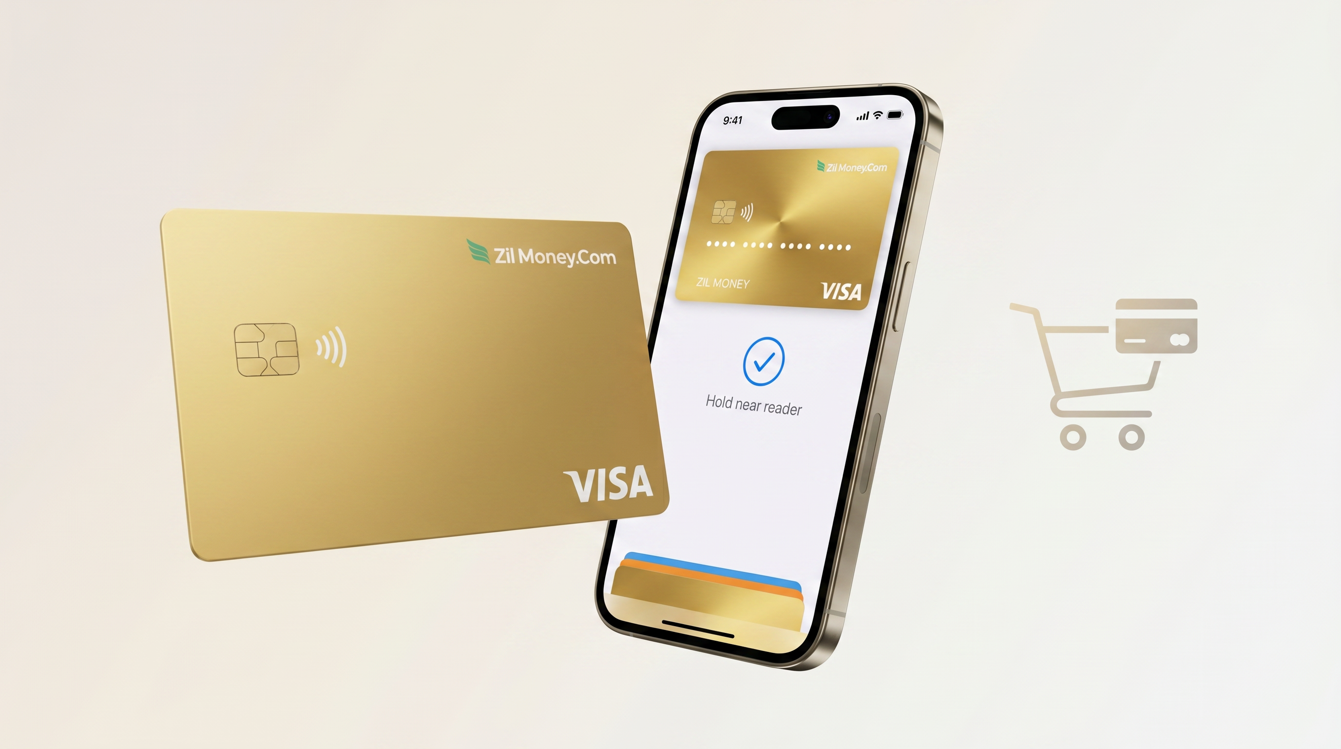 A gold Zil Money virtual Visa card beside a phone showing a tap-to-pay wallet screen and an online checkout cart.
