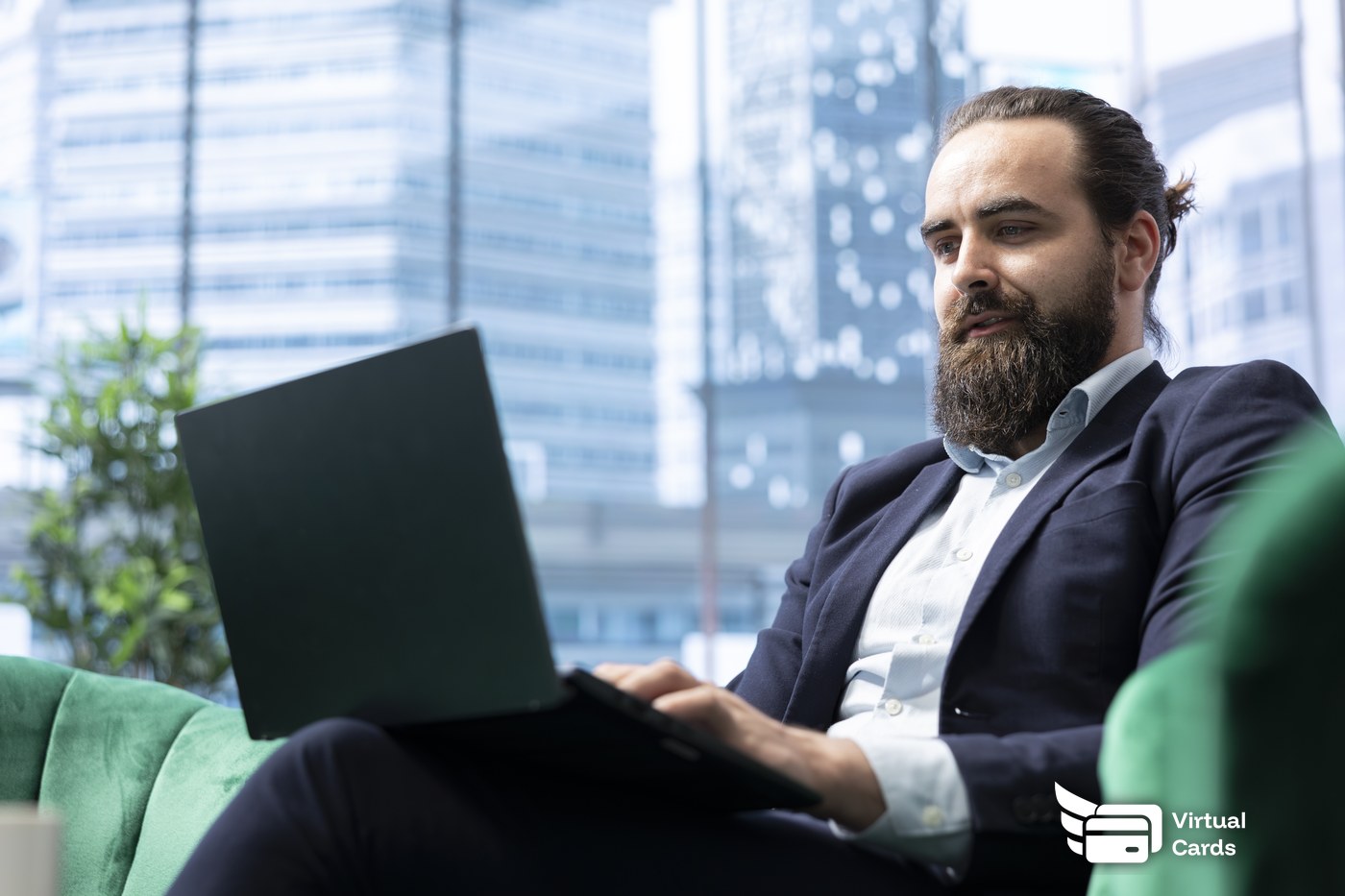 Business professional managing secure online payments with virtual cards instead of the main company card.