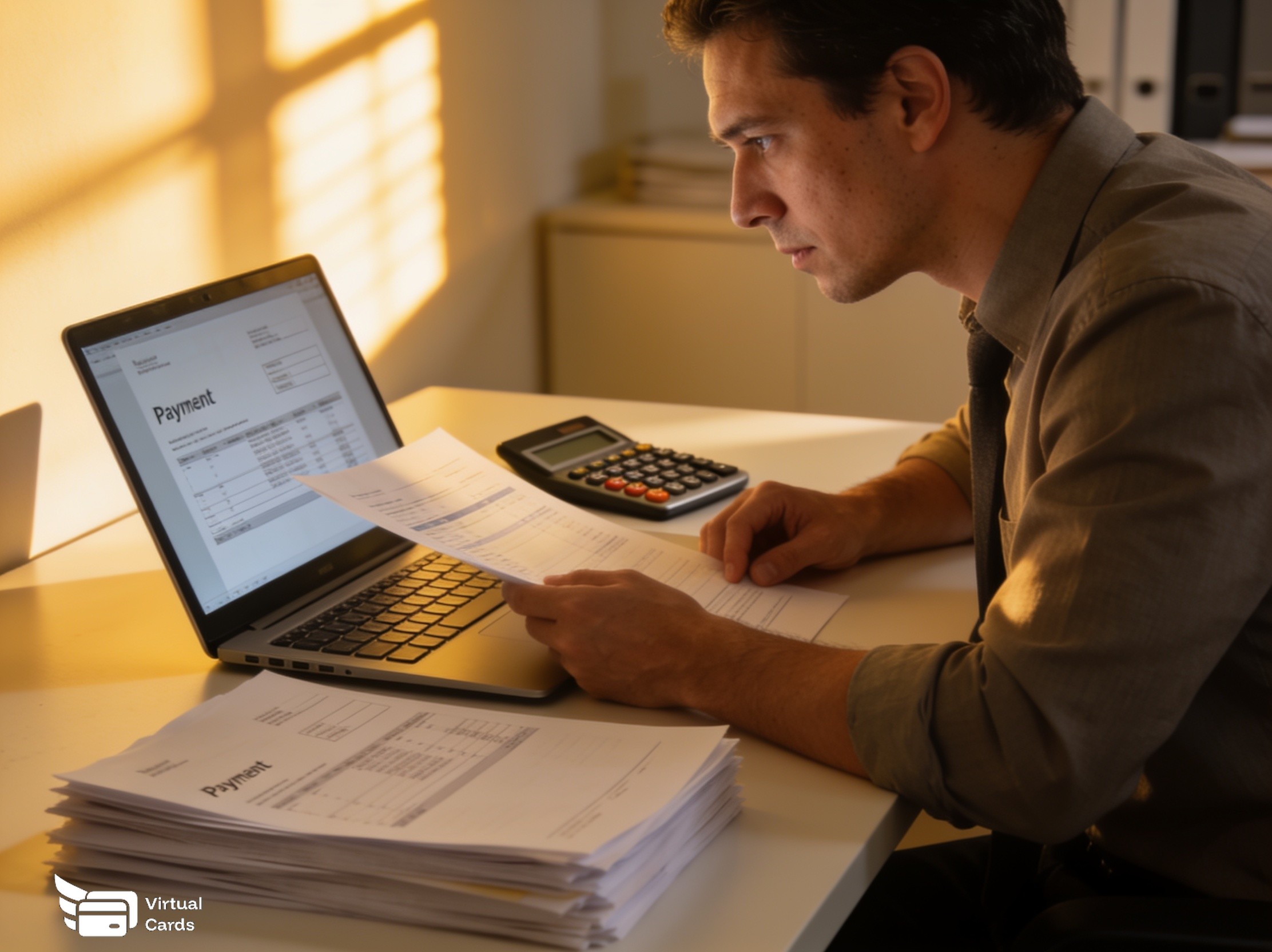 Accountant reviewing invoice payment records and matching virtual card charges on a laptop in a modern office.