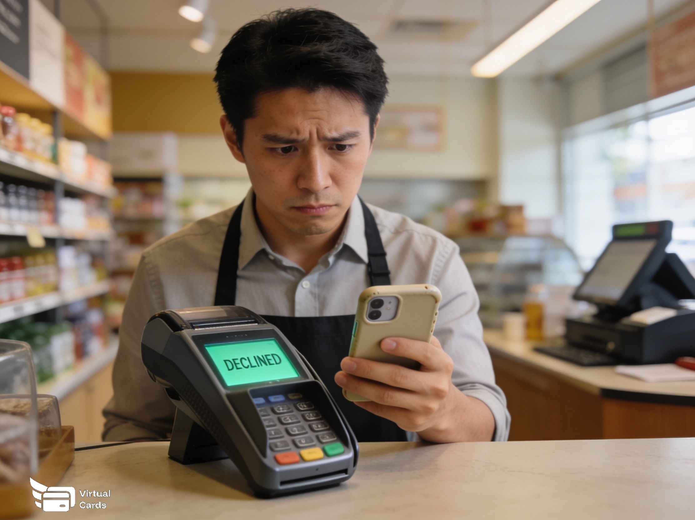 Business employee holding a smartphone at a payment terminal with a declined card message, looking at the screen.