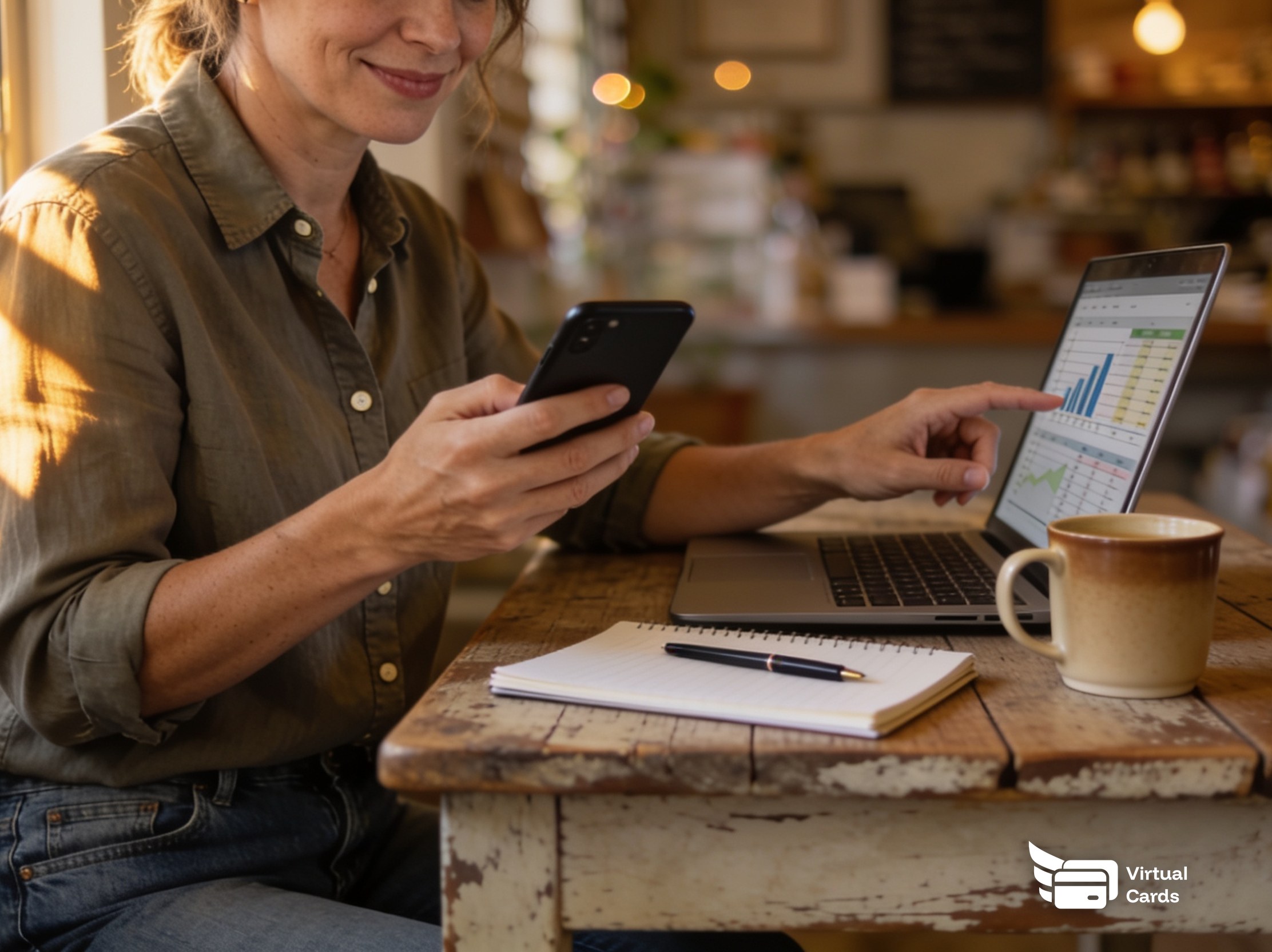 A small business owner reviewing spending on a laptop and phone at a wooden cafe table, representing setting up a virtual card for a small business.