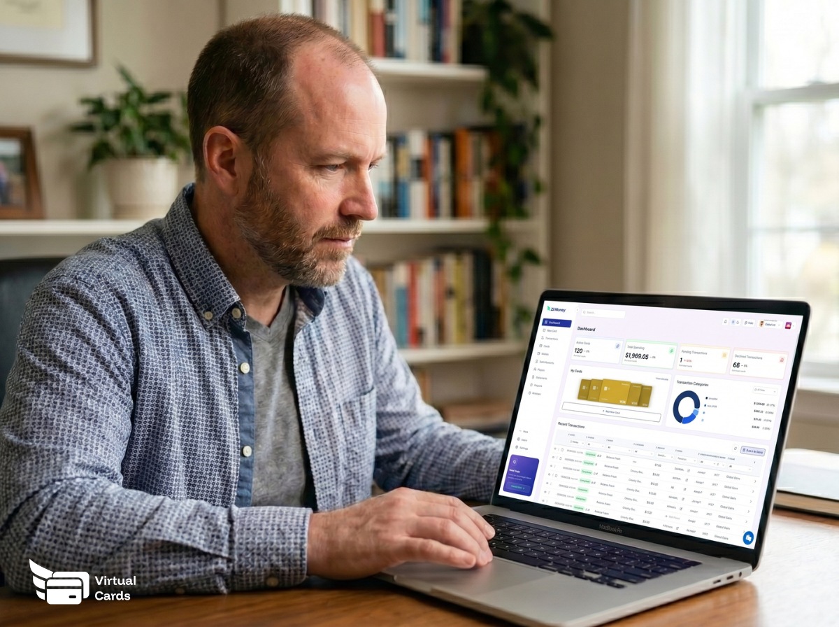 Medical practice administrator at clinic desk with a virtual card and department expense dashboard on tablet.