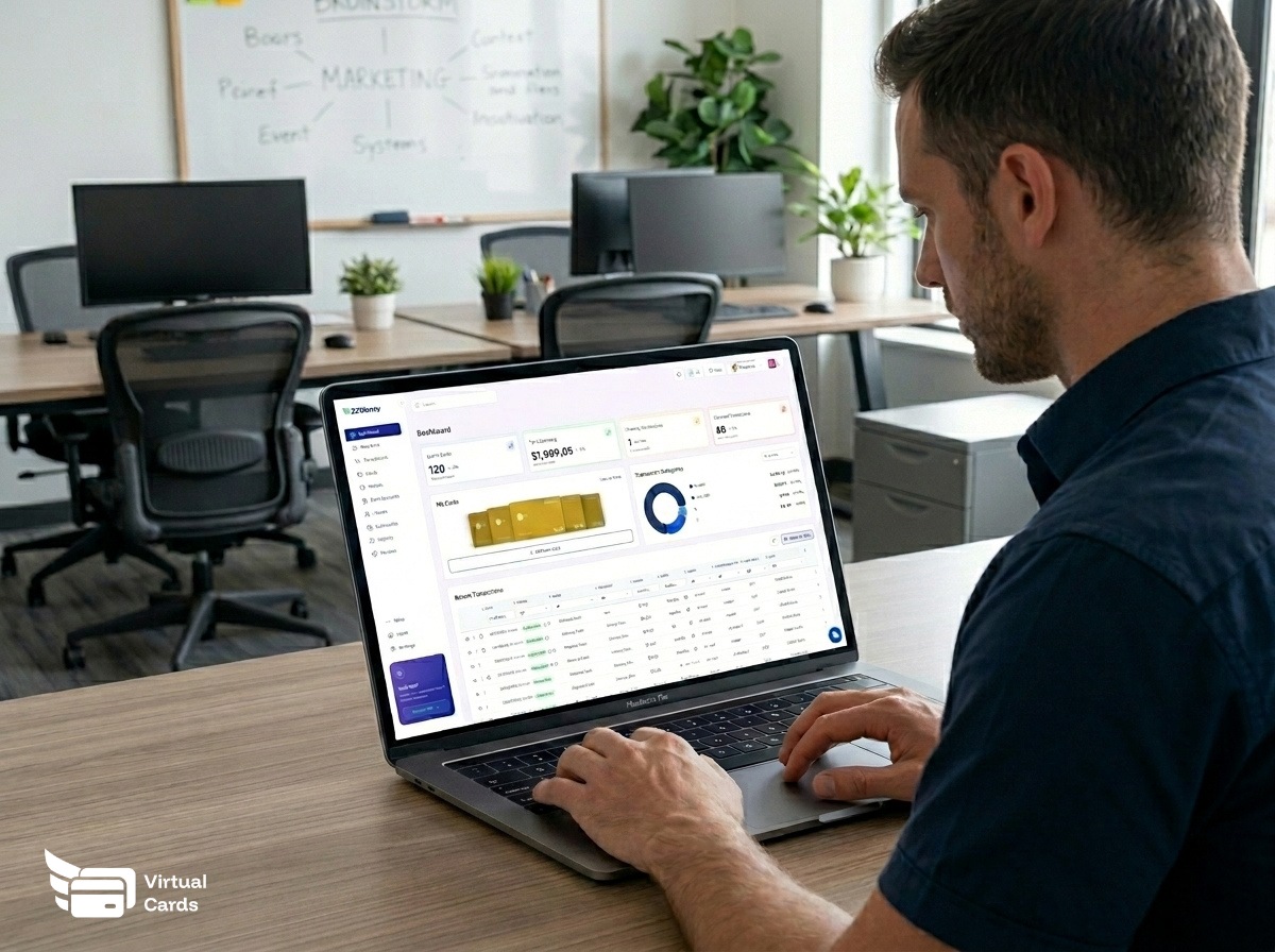 Marketing team around analytics screen, each campaign assigned its own virtual card with a budget cap.