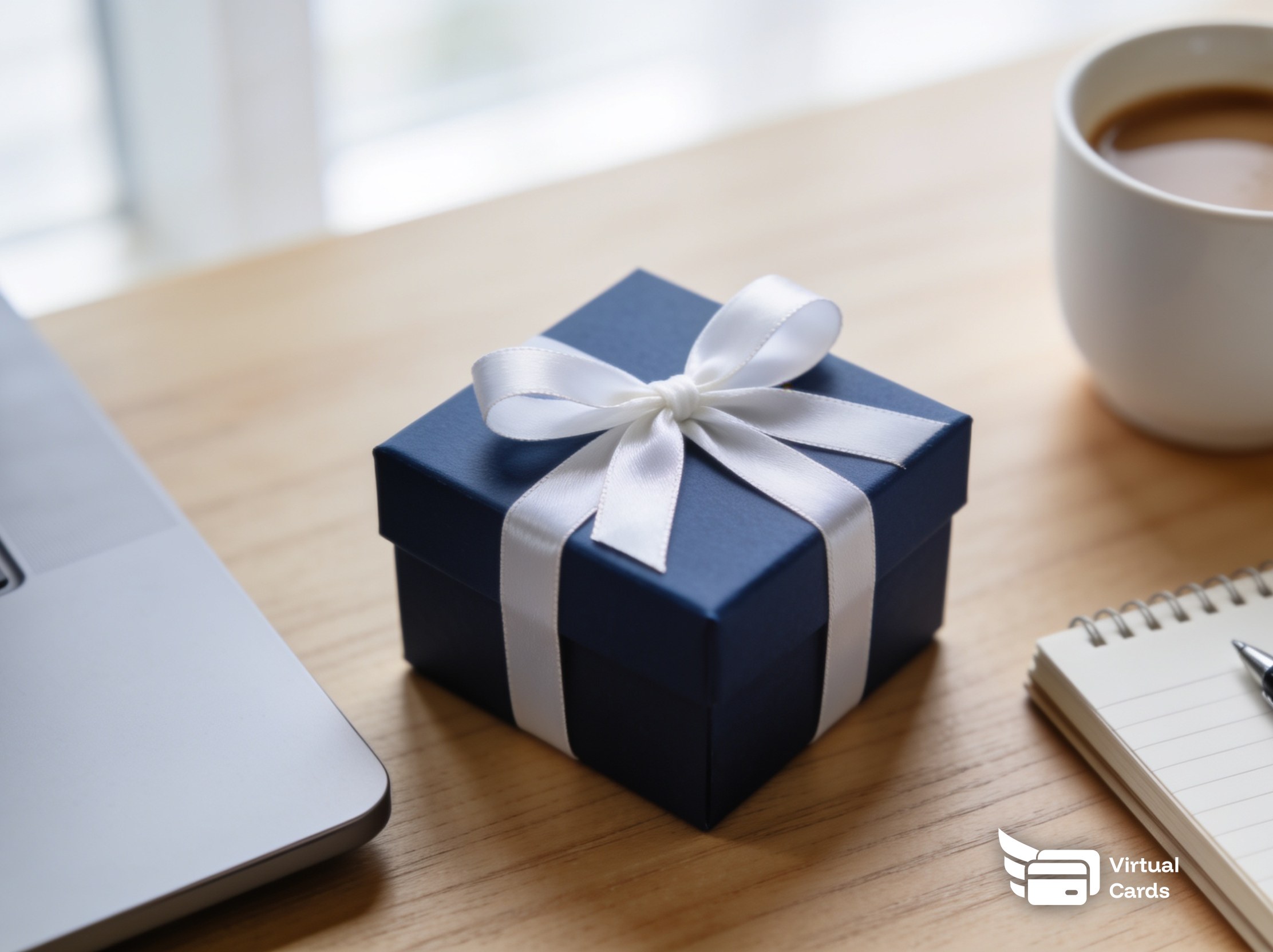 A wrapped navy gift box with a white ribbon on an office desk beside a laptop and a cup of coffee, representing a Visa gift card sent to an employee.
