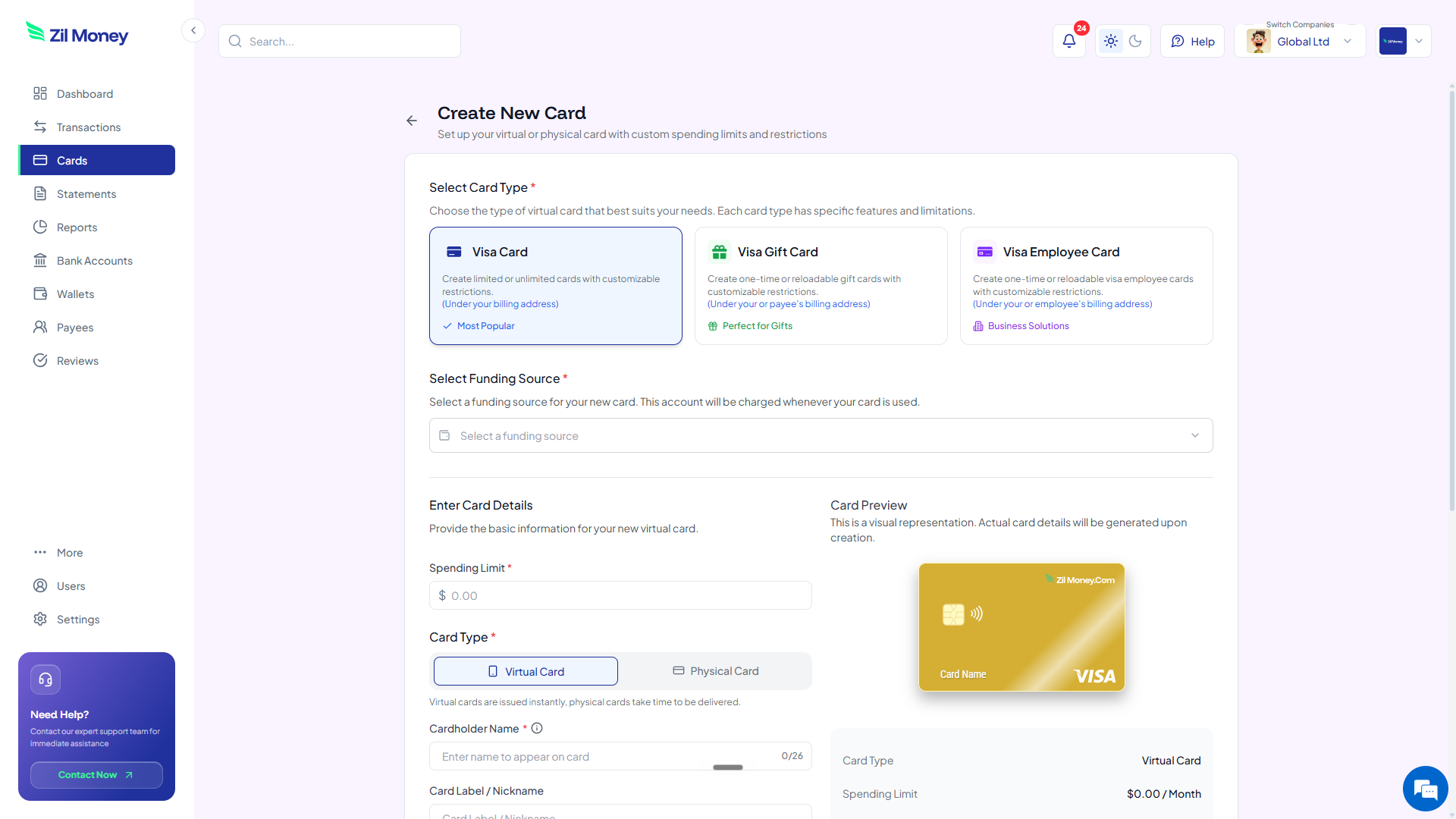 Create New Card form in Virtual Card Maker showing a spending limit and a project label for an expense card