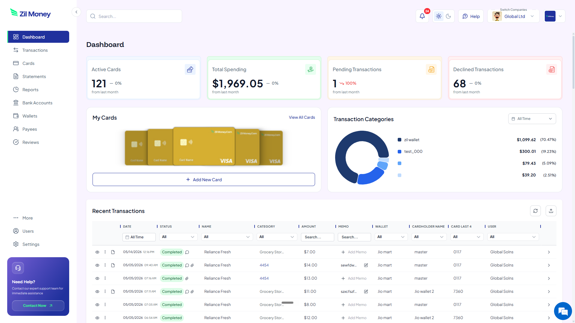 Virtual Card Maker dashboard showing per-project expense cards, total spending, and recent transactions