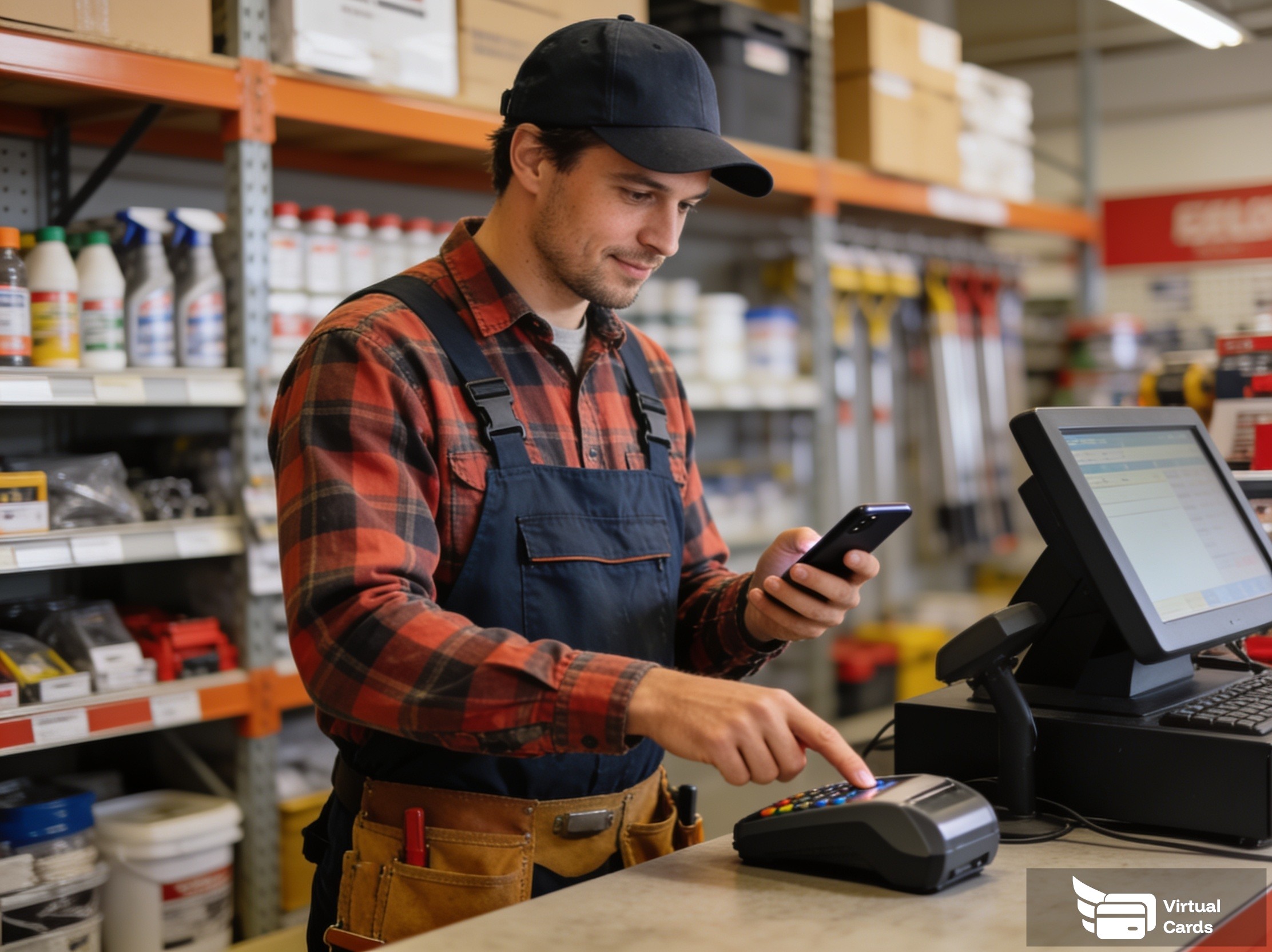 A contractor tapping to pay at a supply store counter using a virtual Visa card, representing controlled spending for 1099 workers.