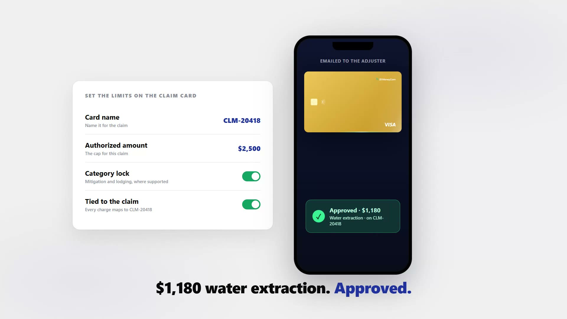 The Virtual Card Maker screen showing a card named for a claim number with an approved spend amount, with the gold Zil Money virtual Visa card in a phone wallet.