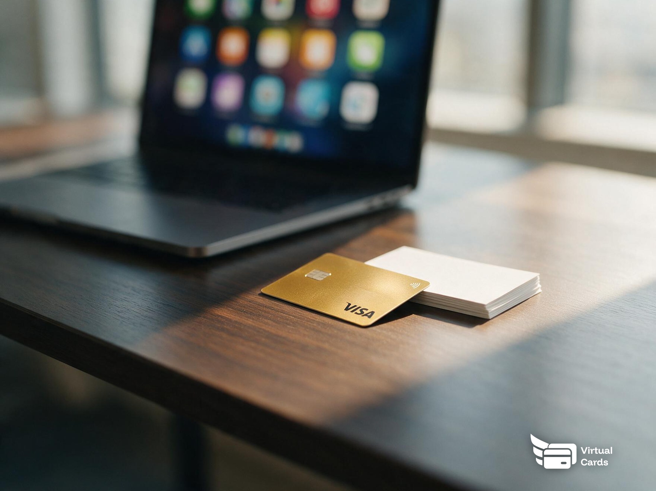 A gold Visa virtual card rests on a dark wood desk next to a stack of blank cards, with a laptop showing a grid of colorful app icons softly out of focus in the background.