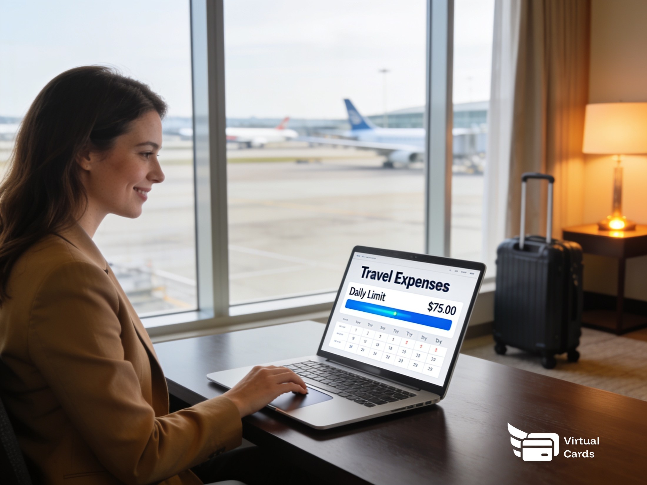 A traveling professional at a hotel-room desk reviewing a travel-expense dashboard with a daily spend limit, an airport view and suitcase in the background, and the gold Zil Money card on the desk.