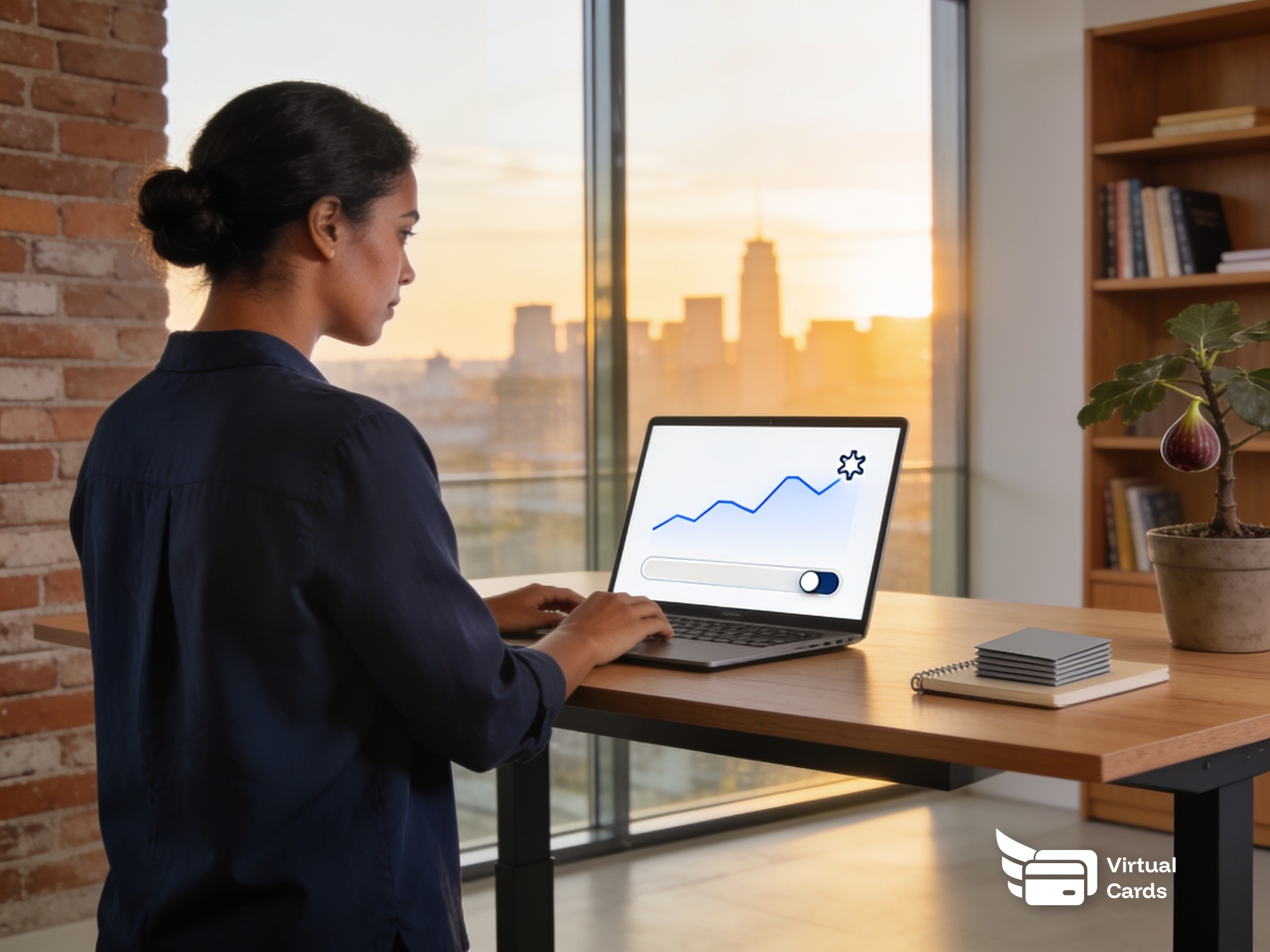 A manager reviewing a payroll card issuance dashboard on a laptop, with the gold Zil Money virtual Visa card on the desk beside a plain, unbranded card representing a traditional physical payroll card.