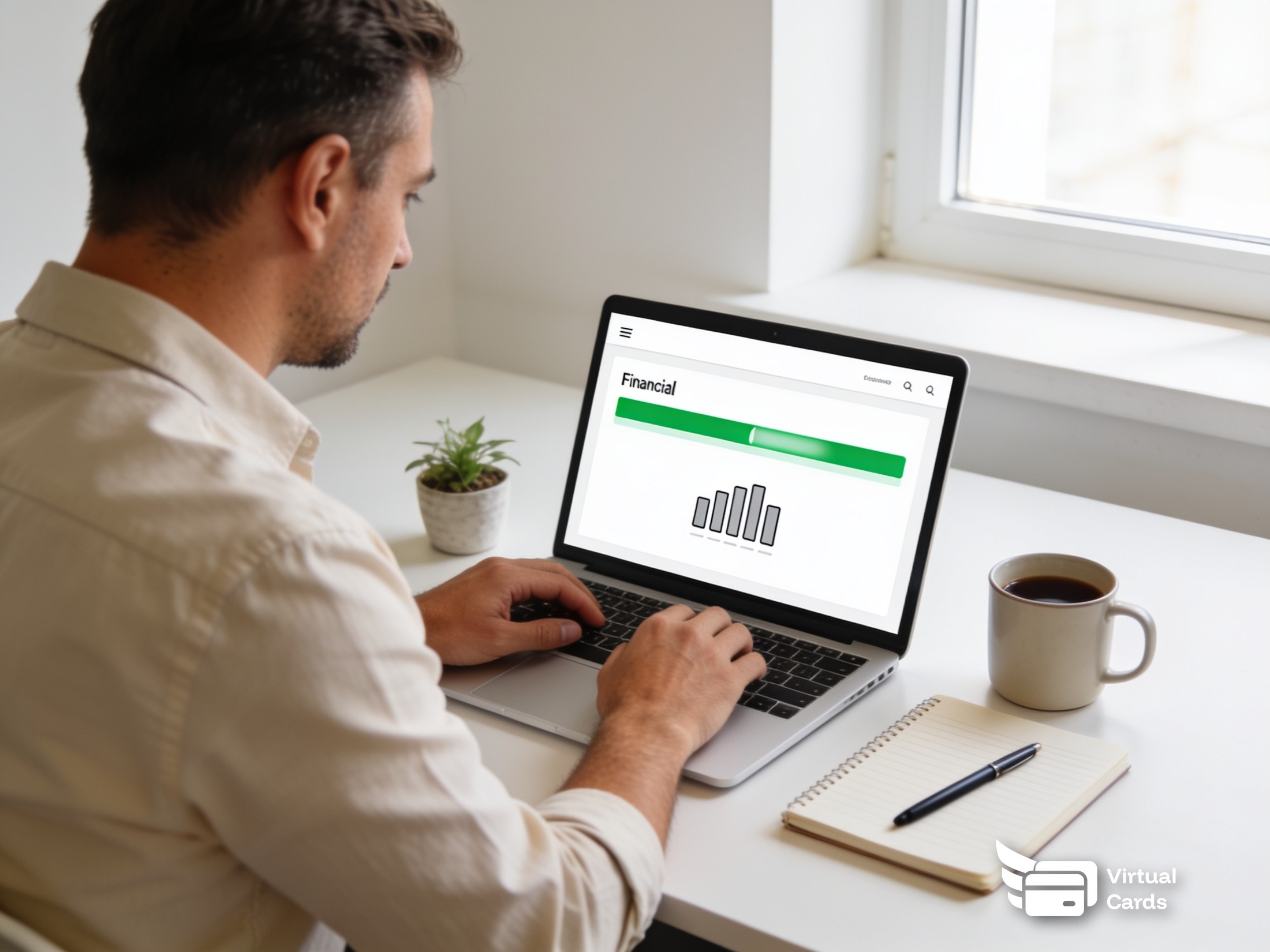 A small-business owner working at a laptop showing a spend-limit dashboard, with a Zil Money gold Visa virtual card resting on the desk in the foreground, representing the question of whether issuing a contractor a company card affects their 1099 status.