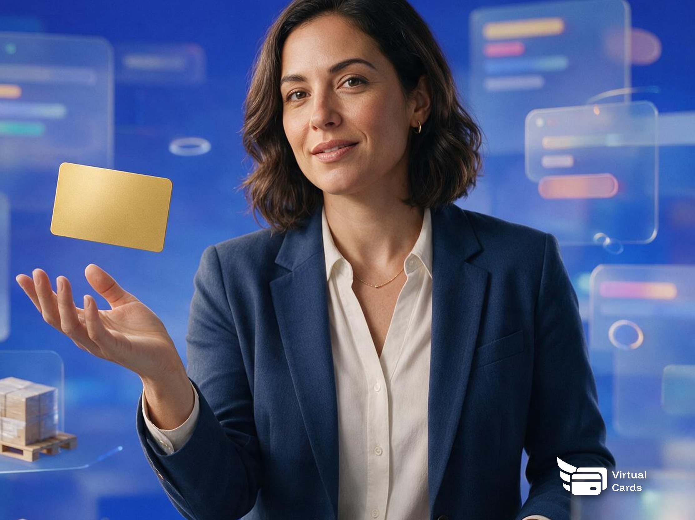 An accounts payable manager at a building-materials distributor holds an open palm toward a floating gold Visa virtual card, with translucent invoice-approval panels and a warehouse pallet icon in the background.
