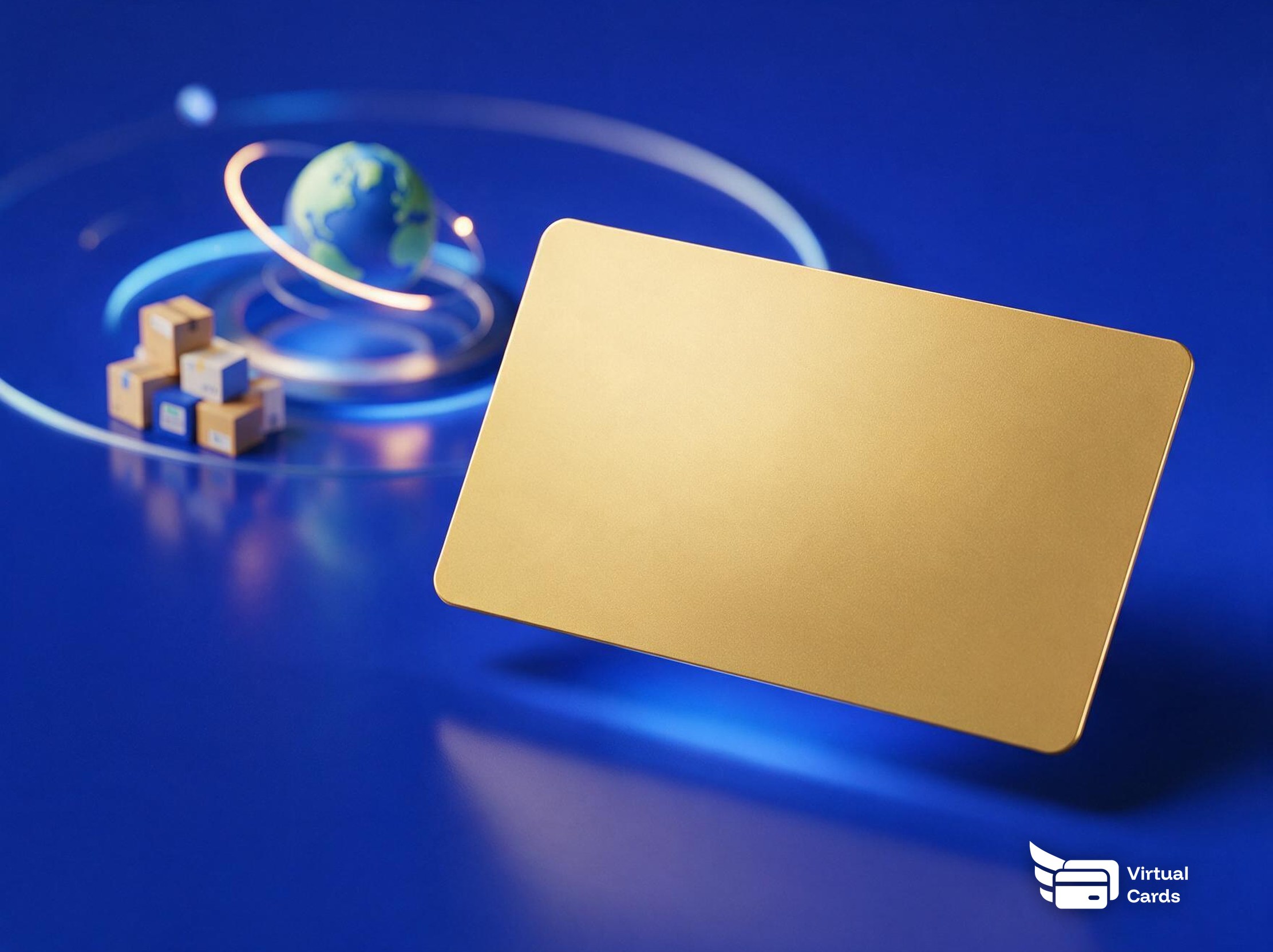A matte gold Visa virtual card floating above a saturated blue surface next to a small globe and a stack of shipping boxes, representing international supplier purchases.